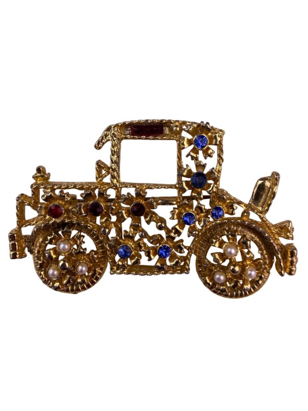 Vintage Gold-Tone Womens Brooch Model T Car Design Faux Pearls Rhinestones